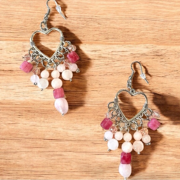 Rose Quartz and Crystals Heart Shaped Silver Toned Chandelier Earrings - Picture 13 of 17